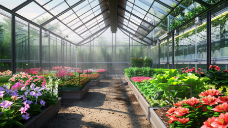 Vibrant Greenhouse Filled With Colorful Flowers and Lush Plants on a Sunny Dayの素材