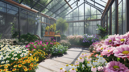 Vibrant Flower Garden Inside a Glasshouse on a Sunny Dayの素材