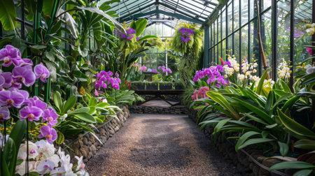 Vibrant Orchid Garden Pathway in Sunlit Greenhouse During Springの素材