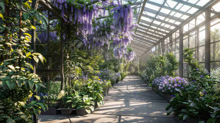 Serene Glasshouse Filled With Lush Greenery and Blooming Flowers in Springtimeの素材
