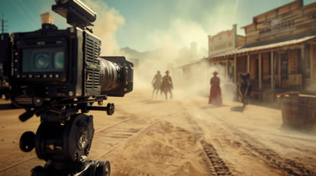 Western Film Set With Camera Capturing Cowboys in Dusty Townの素材