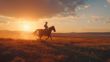 Cowboy Riding Horse at Sunset in Open Prairieの素材