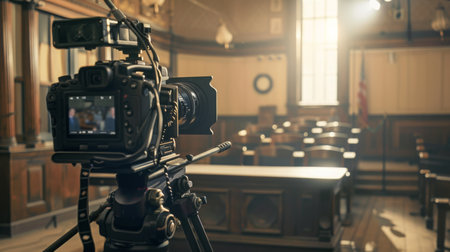 Camera Setup in Historic Courtroom During Late Afternoon Lightの素材