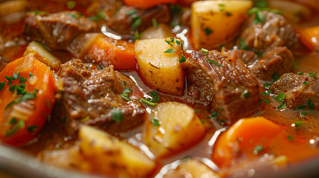 Hearty Beef Stew With Carrots and Potatoes Simmering in a Rustic Potの素材