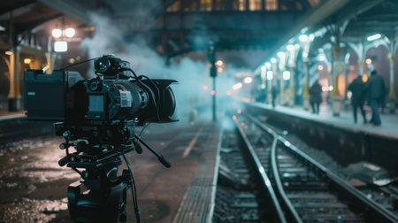 Cinematic Camera Capturing Footage at Train Station During Eveningの素材