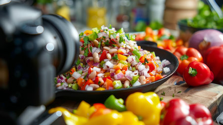 Fresh Vegetable Salad Preparation in a Kitchen With Colorful Ingredientsの素材