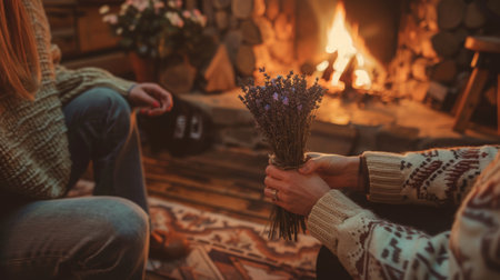Cozy Evening by the Fireplace With Friends Holding a Bouquet of Lavenderの素材