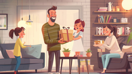 Family Celebrating Together With Gifts in a Cozy Living Roomの素材