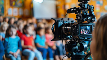 Camera Focused on Students During Classroom Recording in Brightly Decorated Schoolの素材