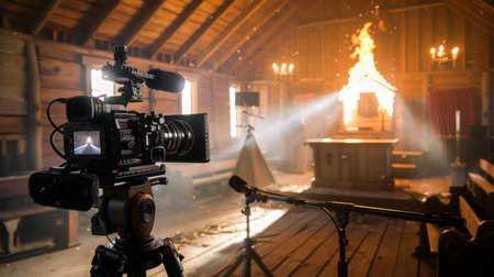 Filming A Dramatic Scene Of Fire In An Abandoned Wooden Church During Golden Hourの素材