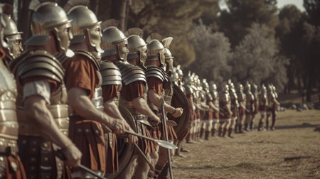 Roman Soldiers in Formation During Military Drills in Ancient Landscapeの素材