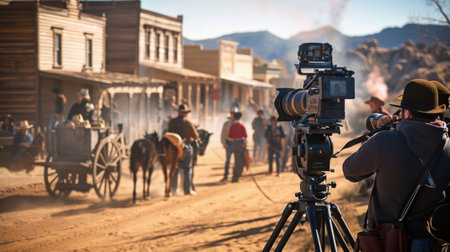 Filming a Western Scene in a Desert Town With Horses at Sunsetの素材