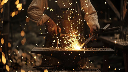 Blacksmith Forging Metal Sparks at Craft Workshop in Eveningの素材
