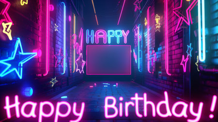 Vibrant Neon Birthday Celebration Setup in Urban Alley at Nightの素材