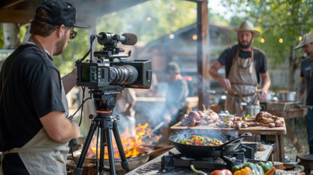 Outdoor Cooking Demonstration With Filming in Rustic Setting During Daylightの素材