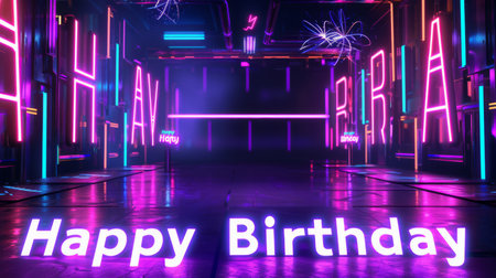 Vibrant Neon Happy Birthday Sign in Futuristic Party Spaceの素材