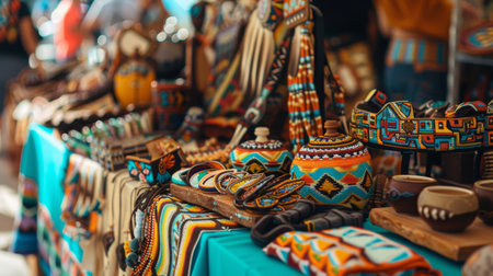 Vibrant Handcrafted Arts and Crafts at a Market Stall in the Afternoon Sunの素材