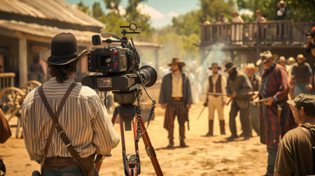Filming a Western Scene in an Authentic Old Town Movie Set During Daytimeの素材