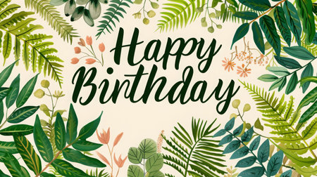 Happy Birthday Decorative Design With Greenery and Floral Elementsの素材
