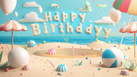 Colorful Birthday Celebration At The Beach With Decorations And Festive Elementsの素材