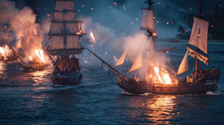 Nautical Battle at Dusk With Flaming Ships in Turbulent Watersの素材
