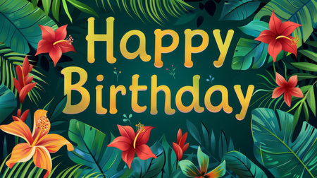Colorful Tropical Happy Birthday Greeting With Flowers and Leavesの素材