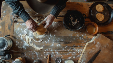 Baking Cookies on a Rustic Wooden Table in a Cozy Kitchenの素材