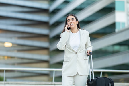 Businesswoman Talking On Phone While Walking With Suitcase Outdoorsの写真素材