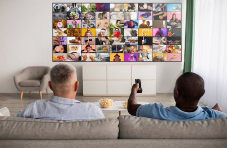 Two Men Relaxing on Couch Watching TV Togetherの写真素材