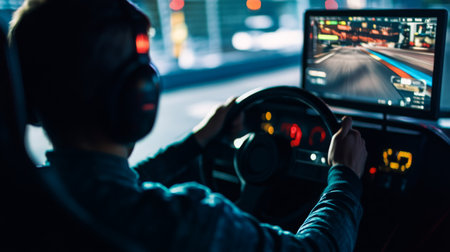 Person Racing In Virtual Game Setup At Nightの素材