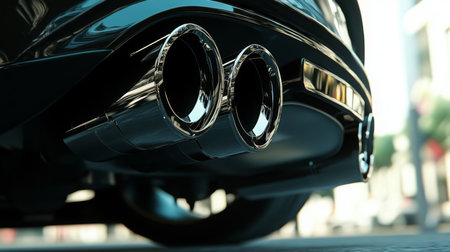Close-Up View of Dual Exhaust Pipes on a Sporty Car in Urban Settingの素材