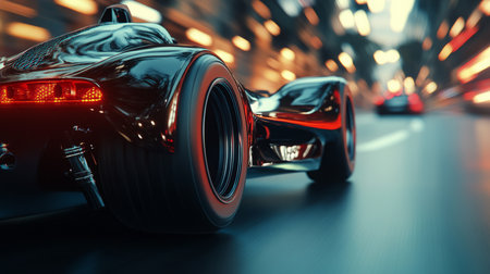 Sleek Black Race Car Speeding Through Neon-Lit City Streets at Nightの素材