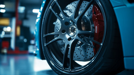 High-Performance Car Wheel With Red Brake Caliper in Automotive Workshopの素材