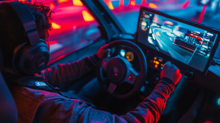 Immersive Gaming Experience in Neon-lit Environment During Nighttimeの素材