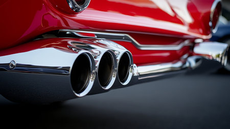 Classic Red Car Exhaust Pipes in Bright Sunlight at a Vintage Car Showの素材