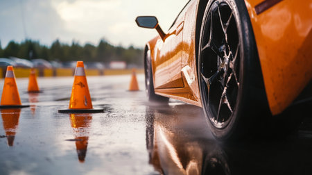 Sports Car Maneuvering Through Cones on Wet Track During Daytimeの素材