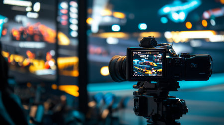 Camera Capturing Esports Match Action at Modern Arena During Evening Eventの素材