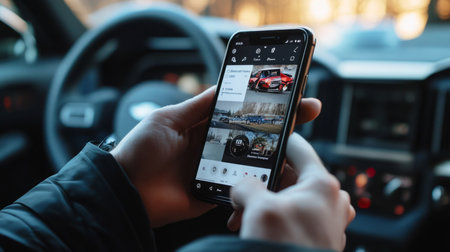 Person Using Smartphone to Browse Automotive Content in Car Interior During Daytimeの素材