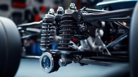 Close-Up of Suspension System Components in Automotive Workshop Environmentの素材
