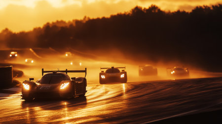 Late Afternoon Race at Sunset With Sports Cars on a Wet Trackの素材