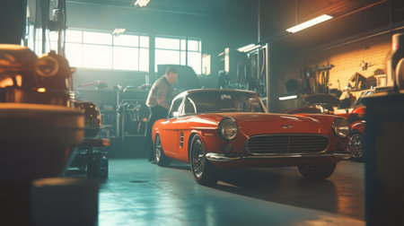 Classic Car Being Restored in Vintage Garage During Late Afternoon Lightの素材