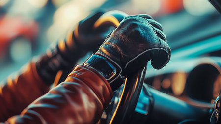 Drivers Hands Grip Steering Wheel in Classic Car During Afternoon Driveの素材