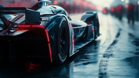 Race Car Ready on Wet Track During Pre-Race Preparations in Early Morningの素材