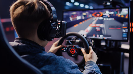 Young Gamer Competing in Racing Simulation at Esports Arena During Evening Eventの素材