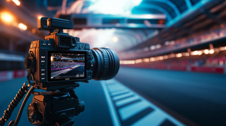 Camera Capturing Action at a Vibrant Racing Event in a Stadiumの素材