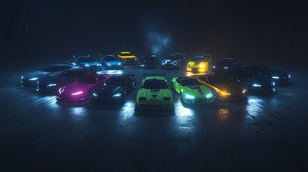 Showcase of Custom Cars in Neon Lighting at Nightの素材