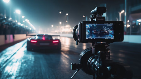 Racing Car Captured at Night During a High-Speed Event With Spectators Presentの素材