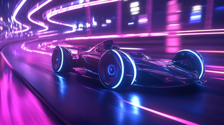 Futuristic Race Car in Neon Tunnel at Nightの素材