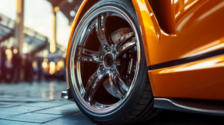 Close-Up of Shiny Orange Sports Car Wheel at Auto Show During Daytimeの素材