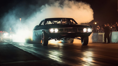 Classic Muscle Car Streaks Down Drag Strip With Tire Smoke at Night Eventの素材